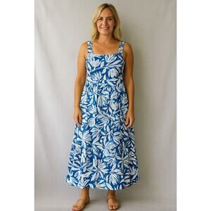 Sea Salt Organic Cotton Dress Womens Size 14 Large Floral Blue White Deep Water